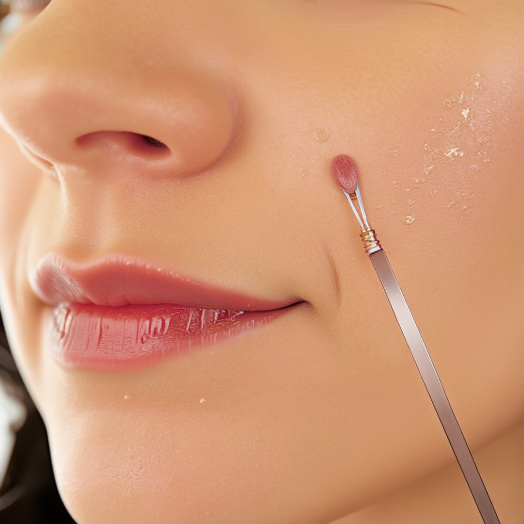 A woman using a Comedone extractor to pop a pimple.