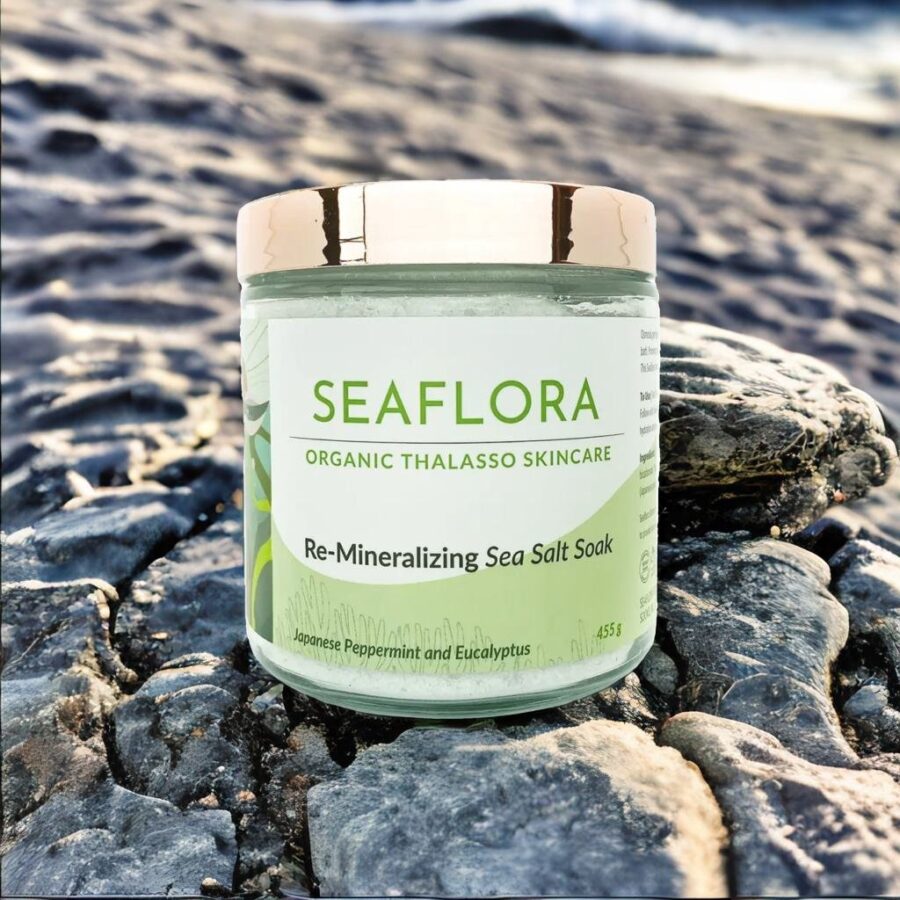 Re-mineralizing Sea Salt Soak infused with the aromas of peppermint and eucalyptus