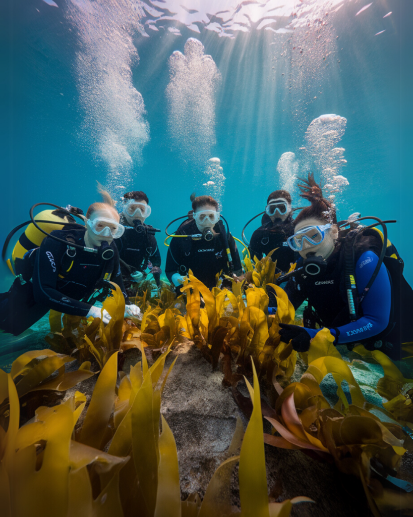 Divers in the ocean with seaweed. Seaweed is the most sustainable tool against climate change