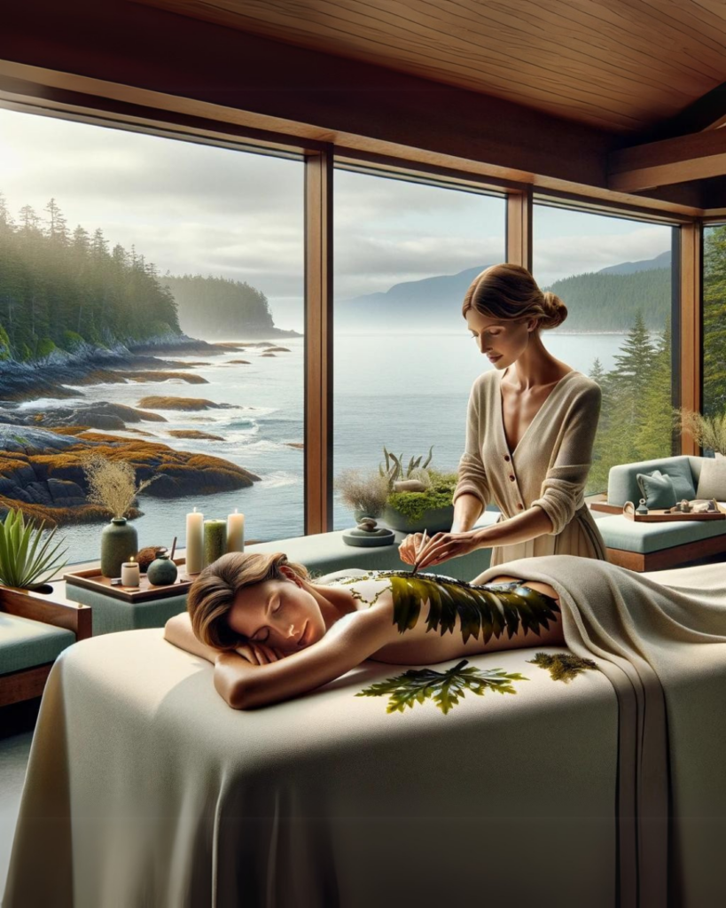 A lady getting a Seaweed wrap at a spa with a scenic background: Seaweed is the most sustainable tool against climate change