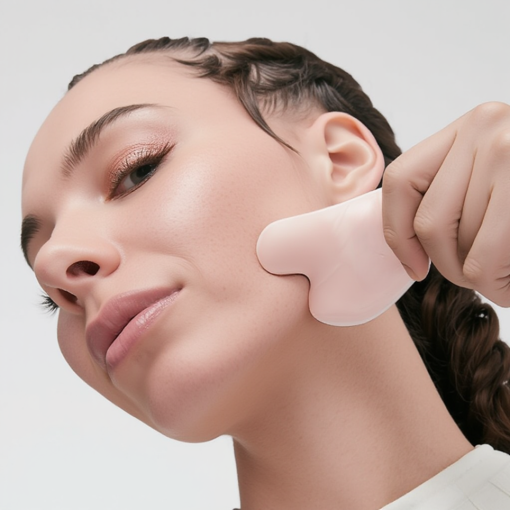 Woman using rose quartz Gua Sha tool on face, promoting collagen, elastin, and keratin production