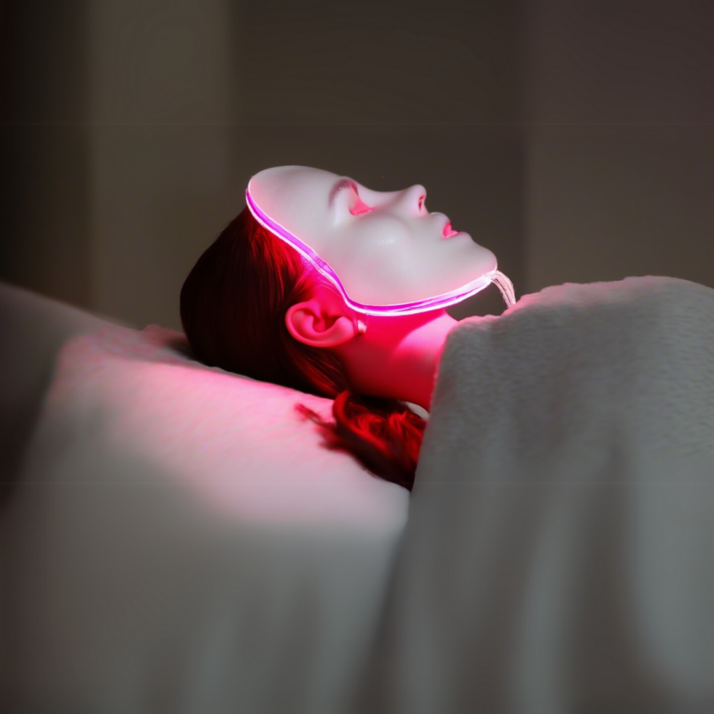 A lady getting LED light therapy on her face.