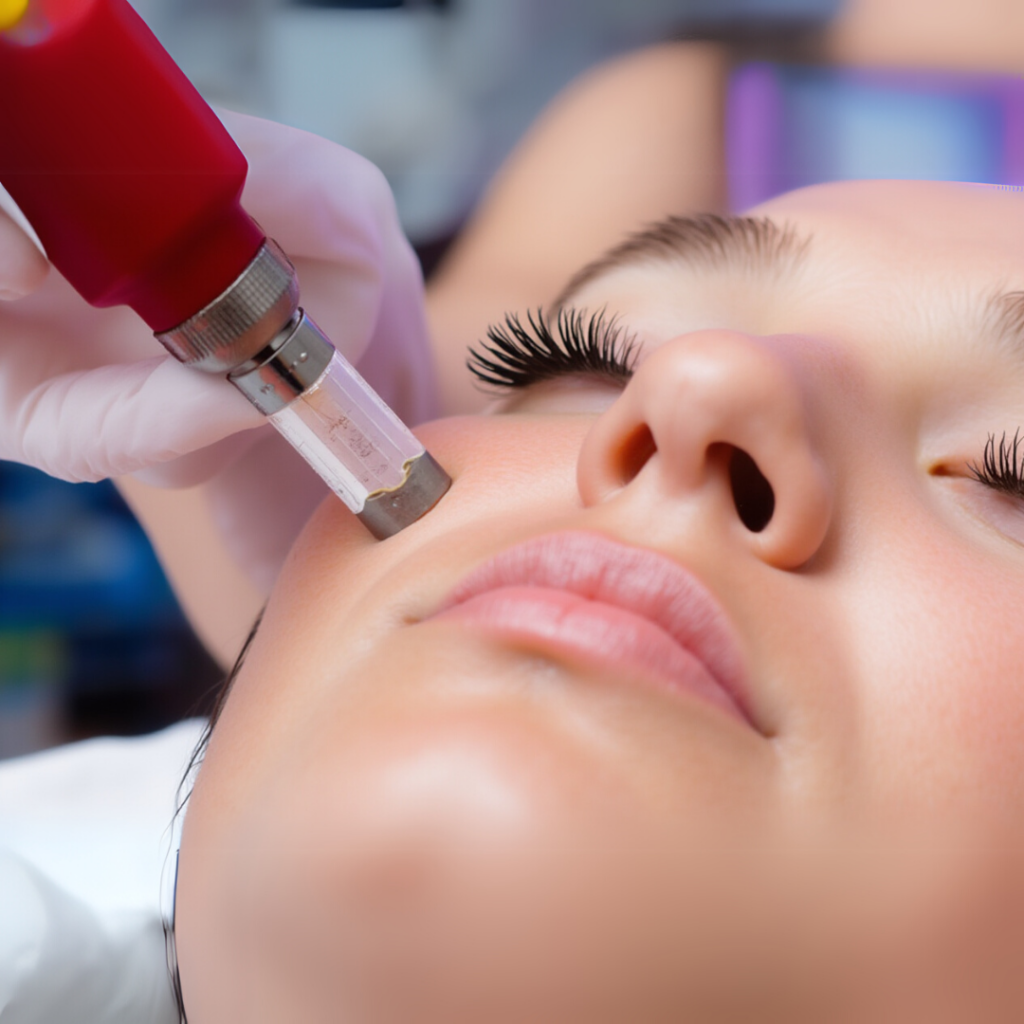 A lady getting Micro needling on her face.