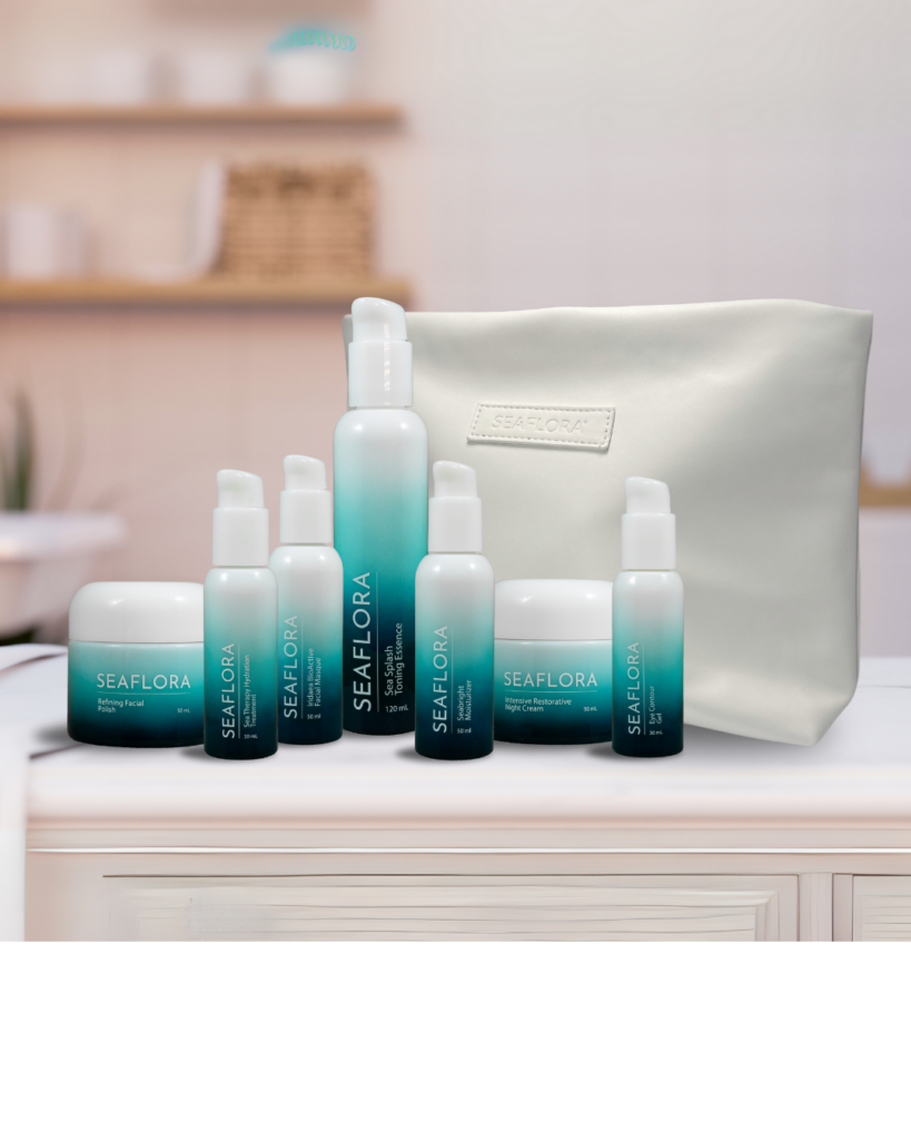 Seaflora skincare products and vegan leather cosmetic bag for acne-prone skin