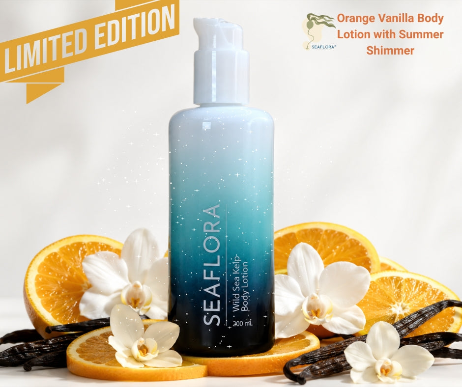 Seaflora Wild Sea Kelp Body Lotion, Limited Edition Orange Vanilla with Summer Shimmer, styled with fresh orange slices and vanilla beans.